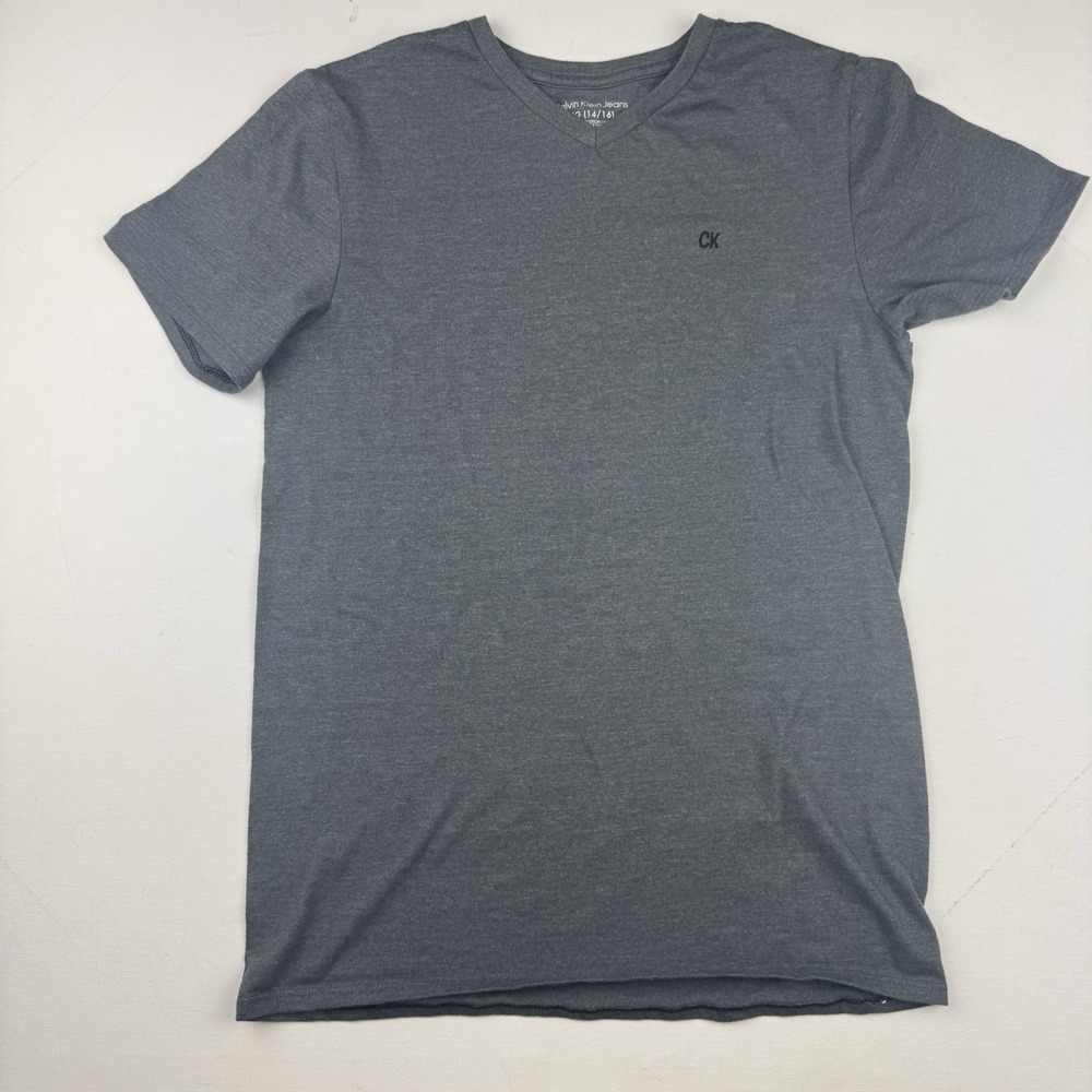 Calvin Klein Jeans Boys L 14 16 Gray V Neck T Shirt Embroidered CK Logo